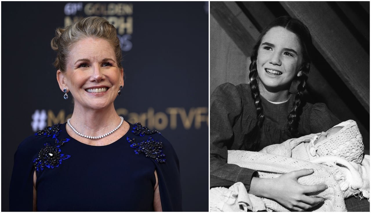 A composite image featuring a woman in a blue dress and pearls and a young girl with braided hair holding a baby.
